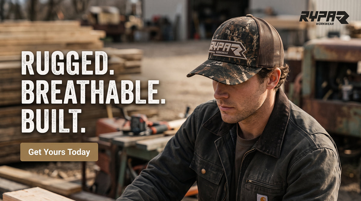 Man wearing the RYPA Camo Trucker Cap in a timber yard, with the headline: Rugged. Breathable. Built. Get yours today.