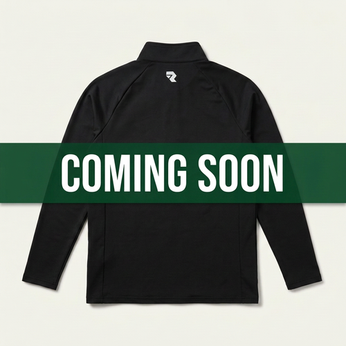 Quarter-zip back with matching Coming Soon banner